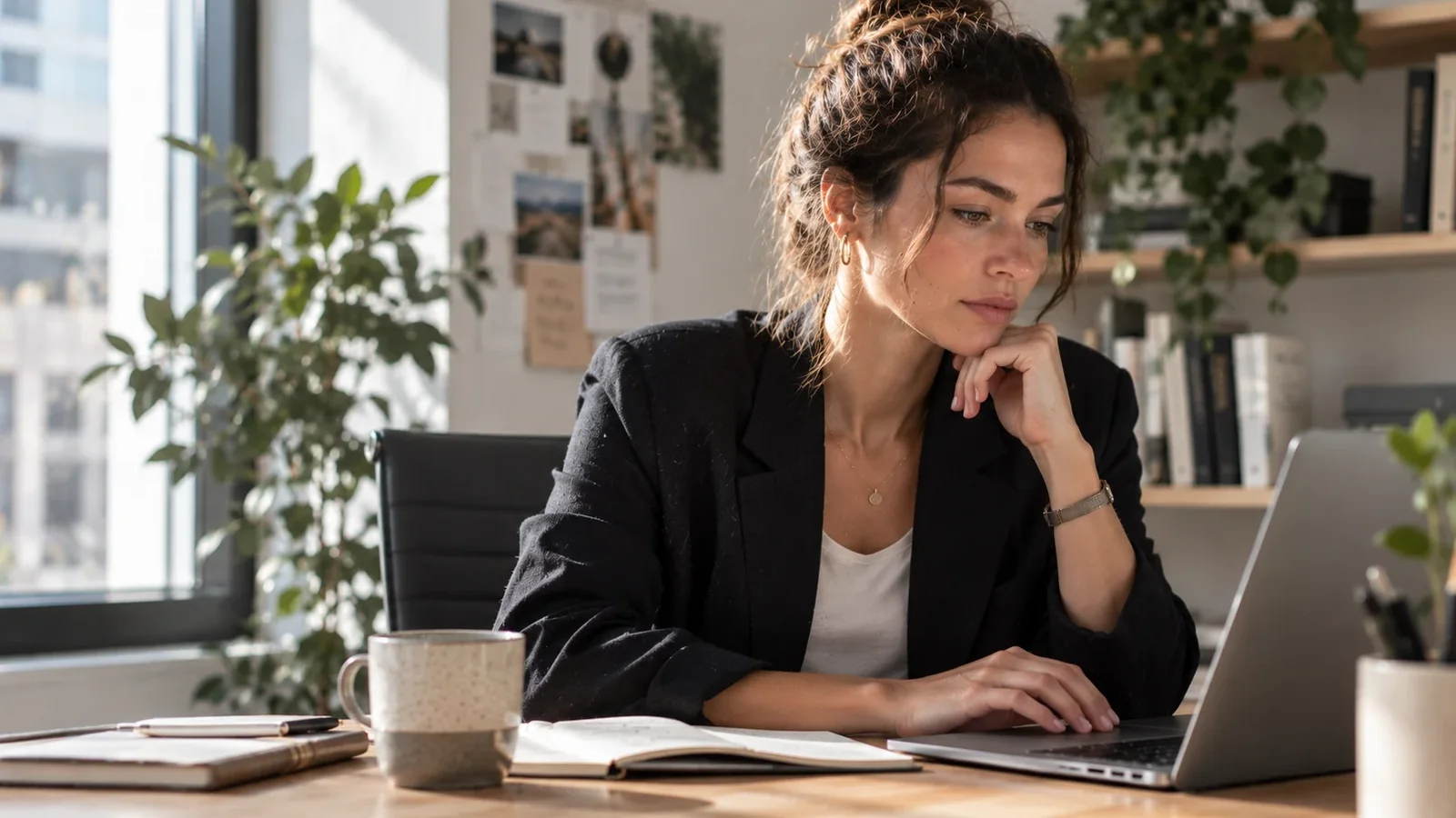 A woman in a dark blazer reflecting while working at her laptop