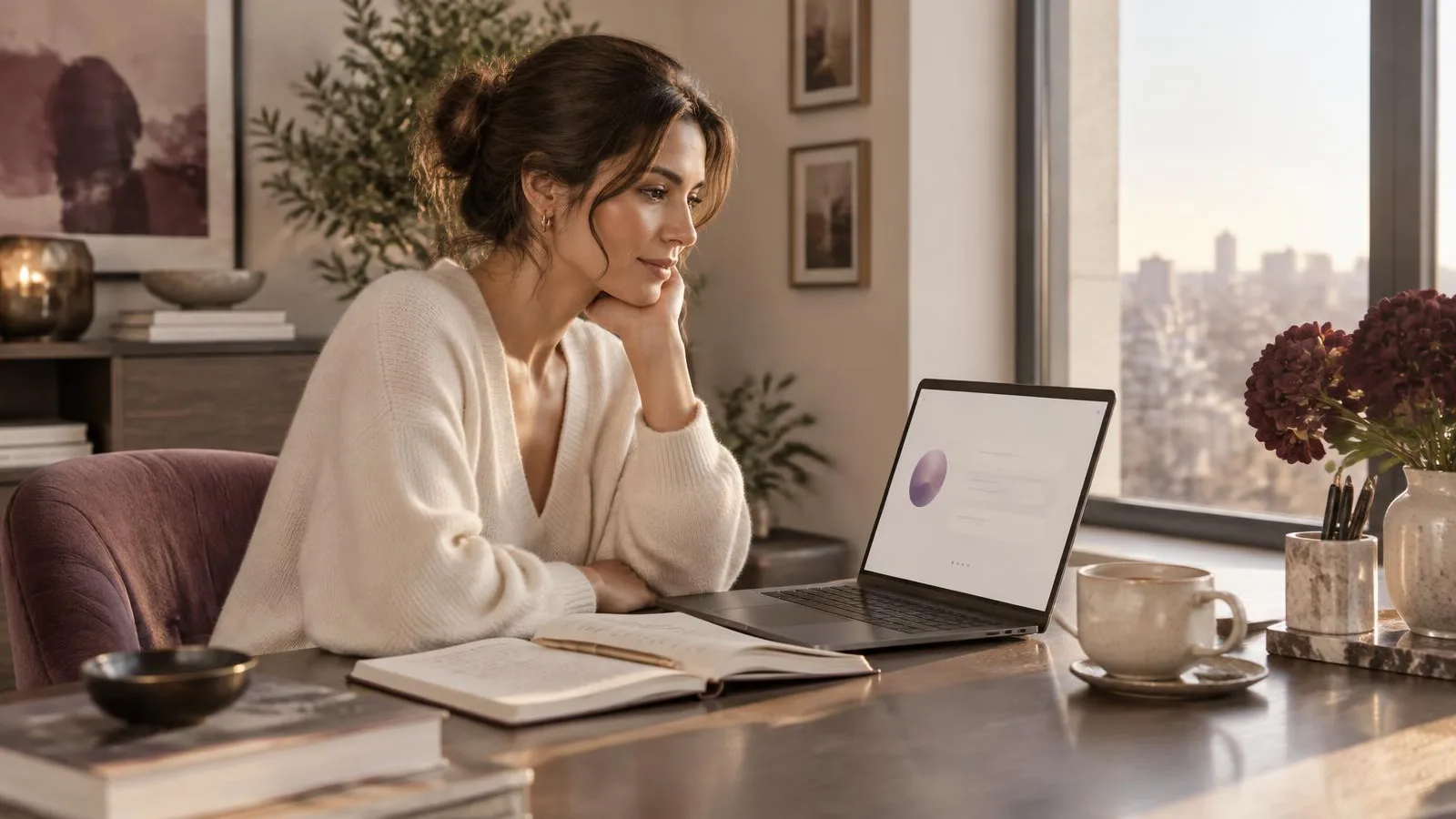 A woman reflecting beside her laptop and open journal
