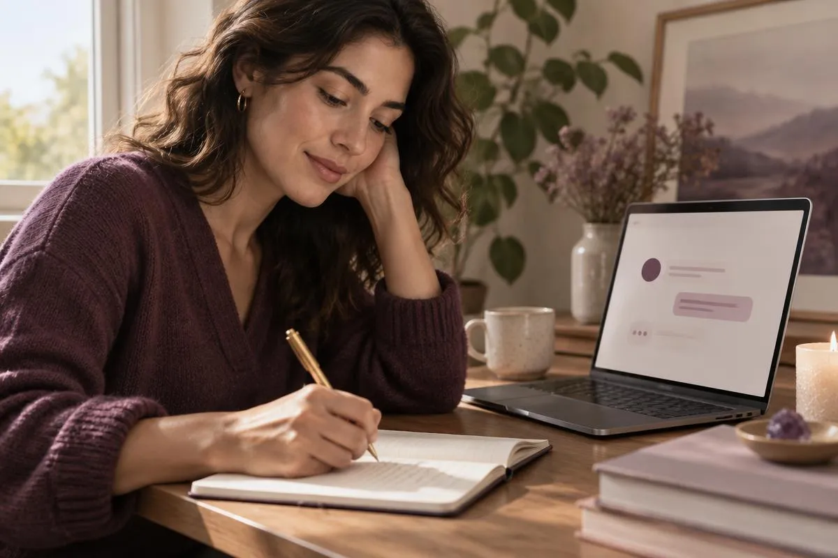 A woman writing in her journal while using an AI reflection interface on her laptop