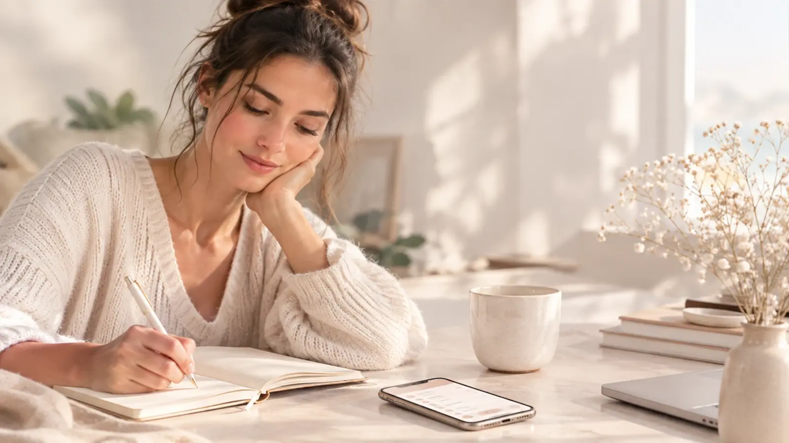 A woman writing in a journaling app on her phone at a desk