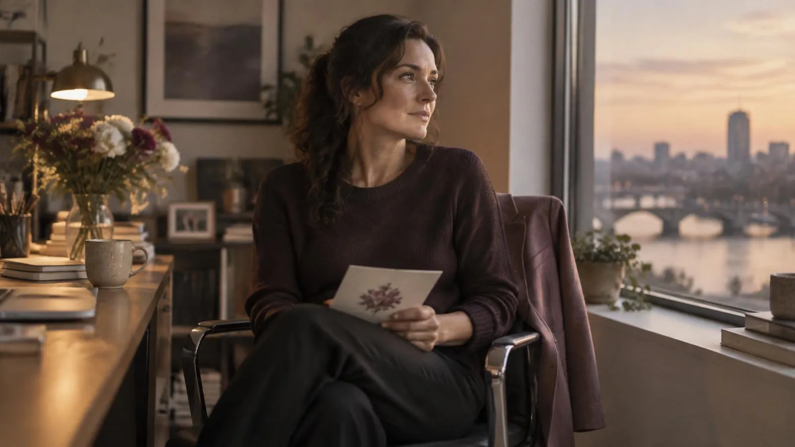 A thoughtful woman pausing to reflect after a work achievement