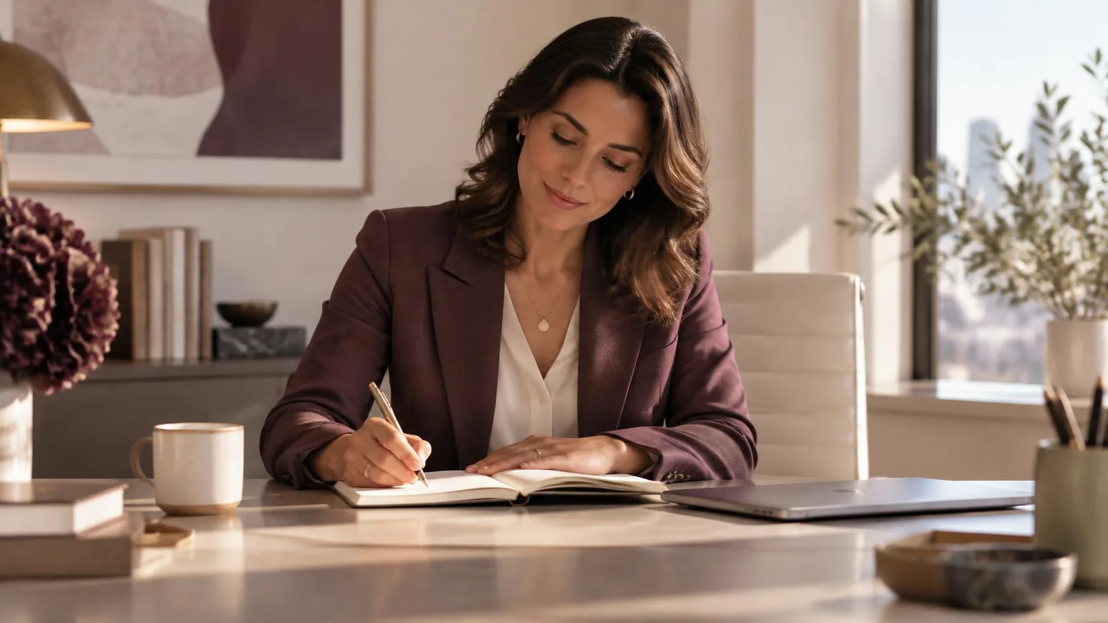 A woman leader reflecting in her journal at a calm modern desk