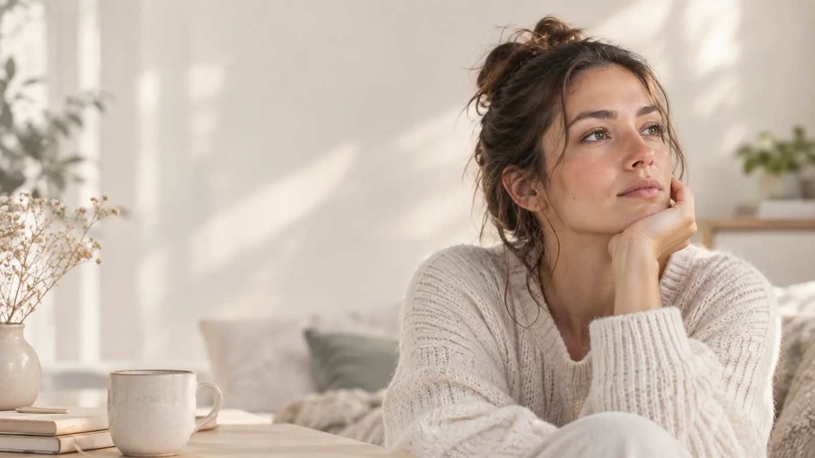 A woman pausing mid-thought, looking out a window