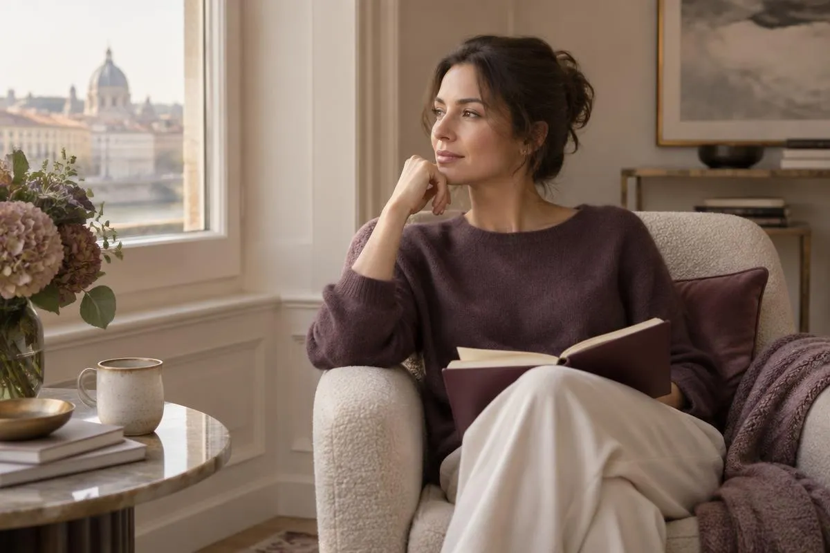 A woman sitting quietly with her journal as she reflects on what she has written