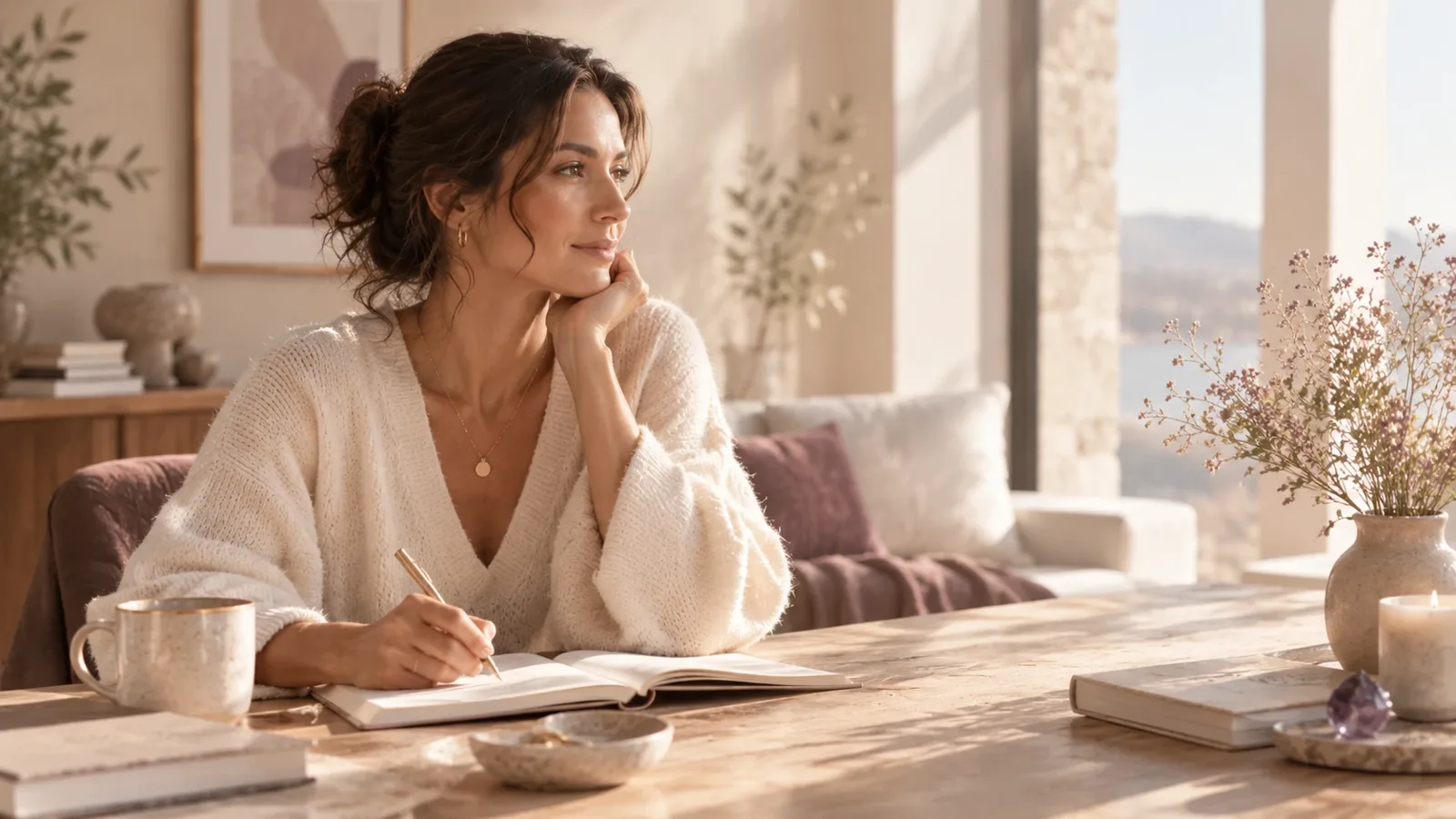 A woman writing honestly in a private journal by soft light