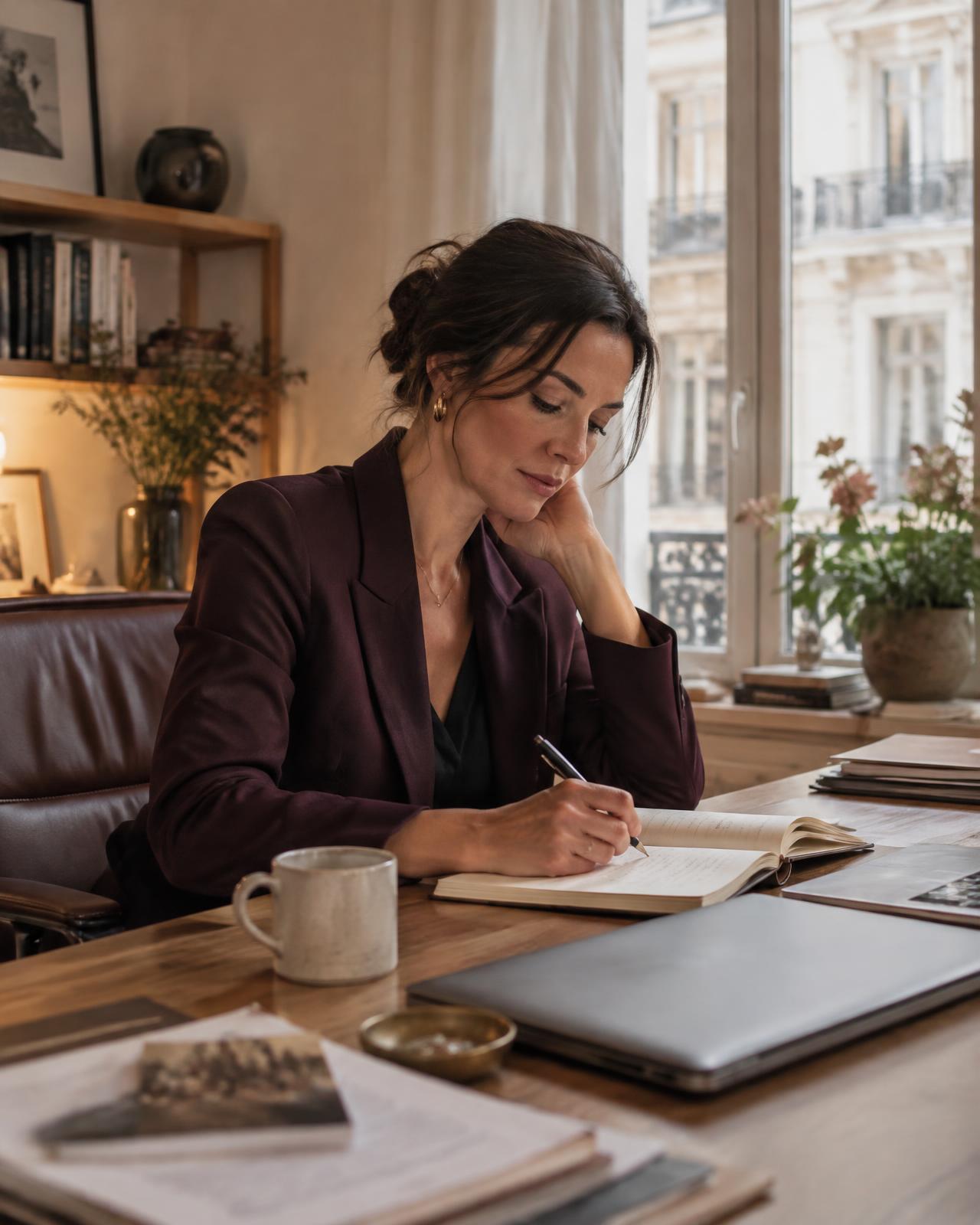 A woman leader reflecting in her journal at her desk